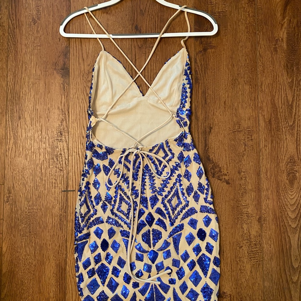 Main Strip - size small, blue sequin and nude/tan colored mini dress - Picture 2 of 5